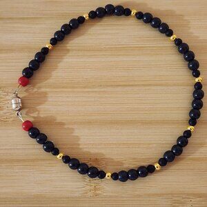 Hand Crafted Anklet Ankle Bracelet Beaded Black Red Gold 12"